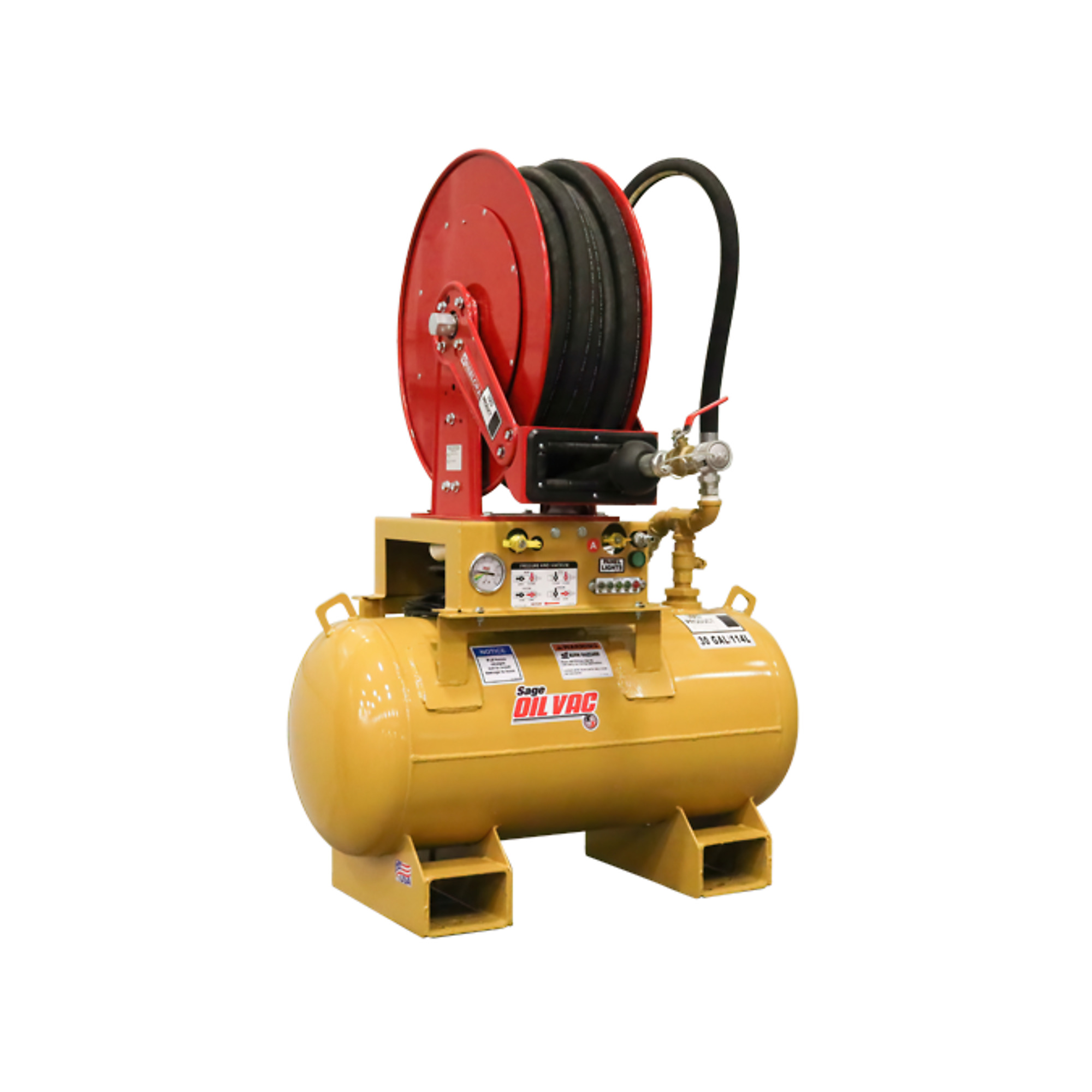 The 30UL VacBuilt packages a 30-gallon (113.56-L) waste oil tank with controls and the added reach of a 1-inch by 50-foot (2.54-cm x 15.24-m) hose on a spring retractable reel.